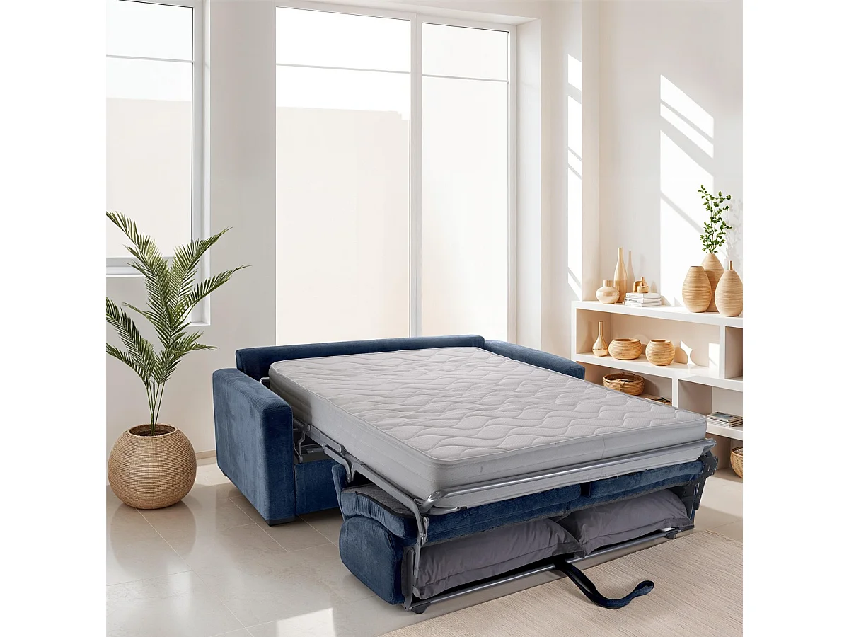 Canapé convertible 3 places en velours fines côtes bleu - Ouverture express - Anzio