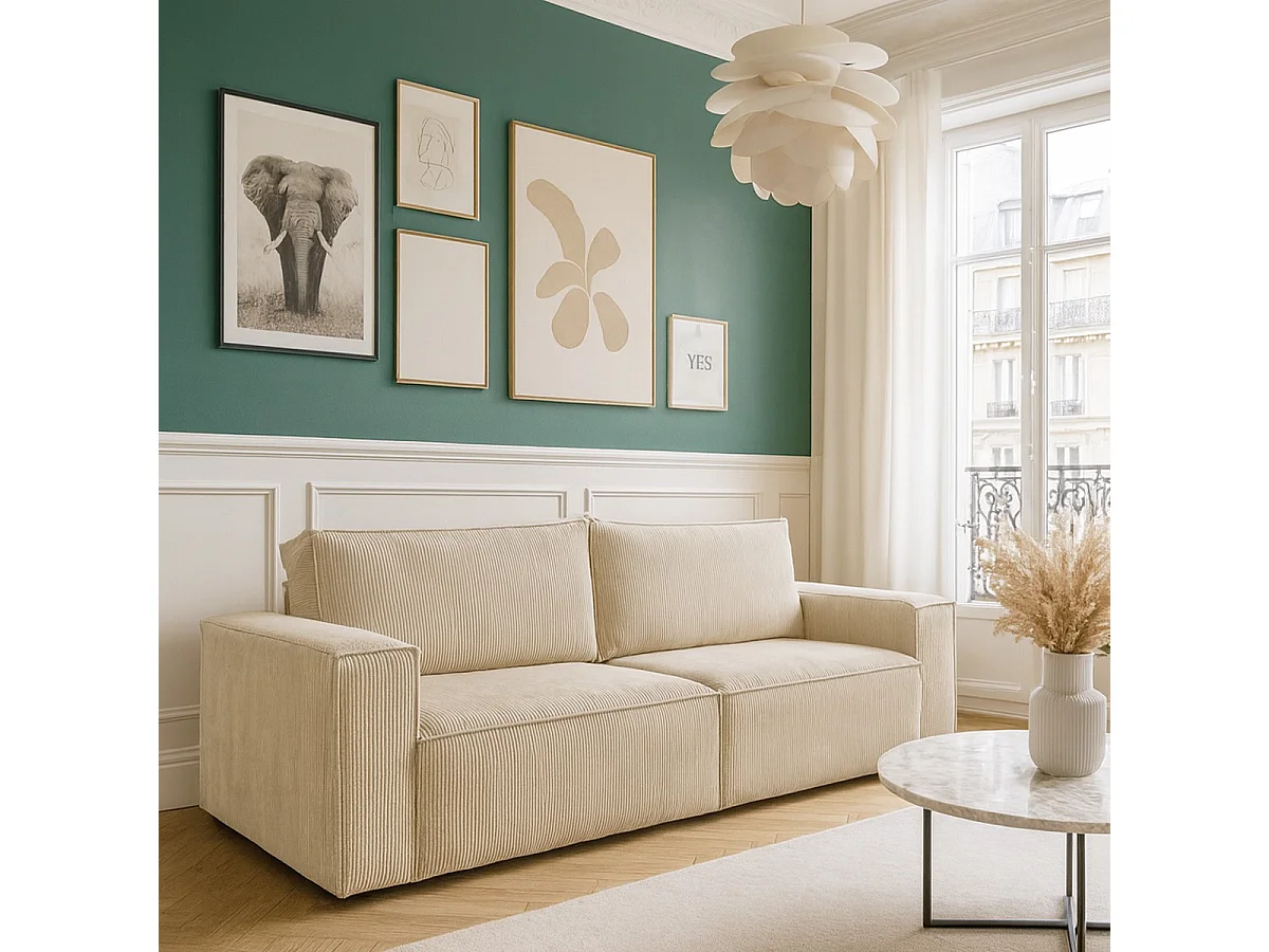 Canapé convertible 3 Places avec coffre de rangement en velours côtelé beige - Harper
