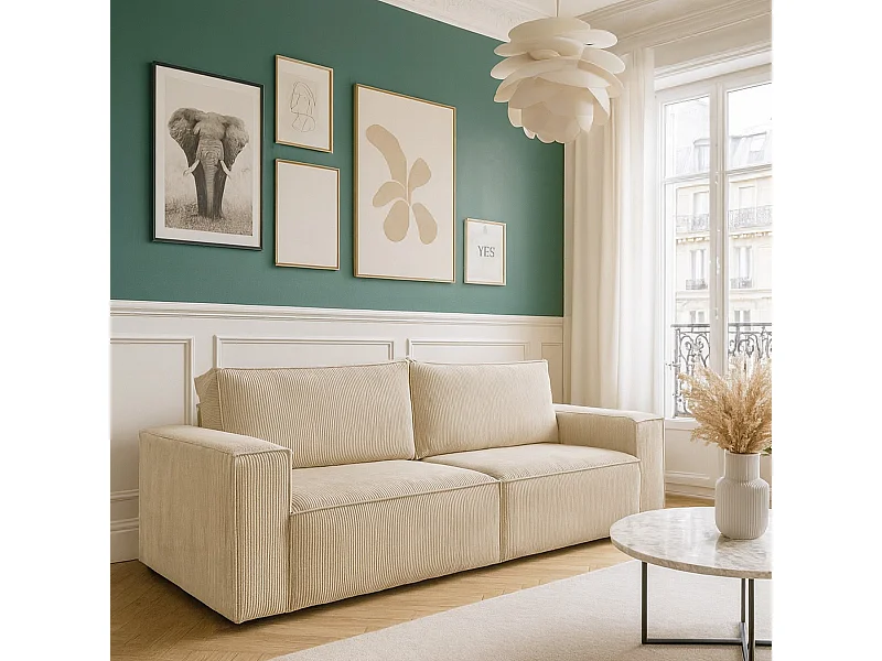 Canapé convertible 3 Places avec coffre de rangement en velours côtelé beige - Harper