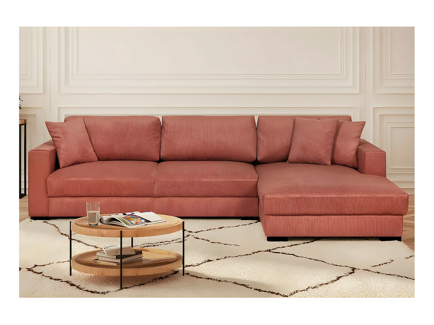 Canapé d'angle à droite convertible 5 places en velours côtelé terracotta avec coffre de rangement - Robin