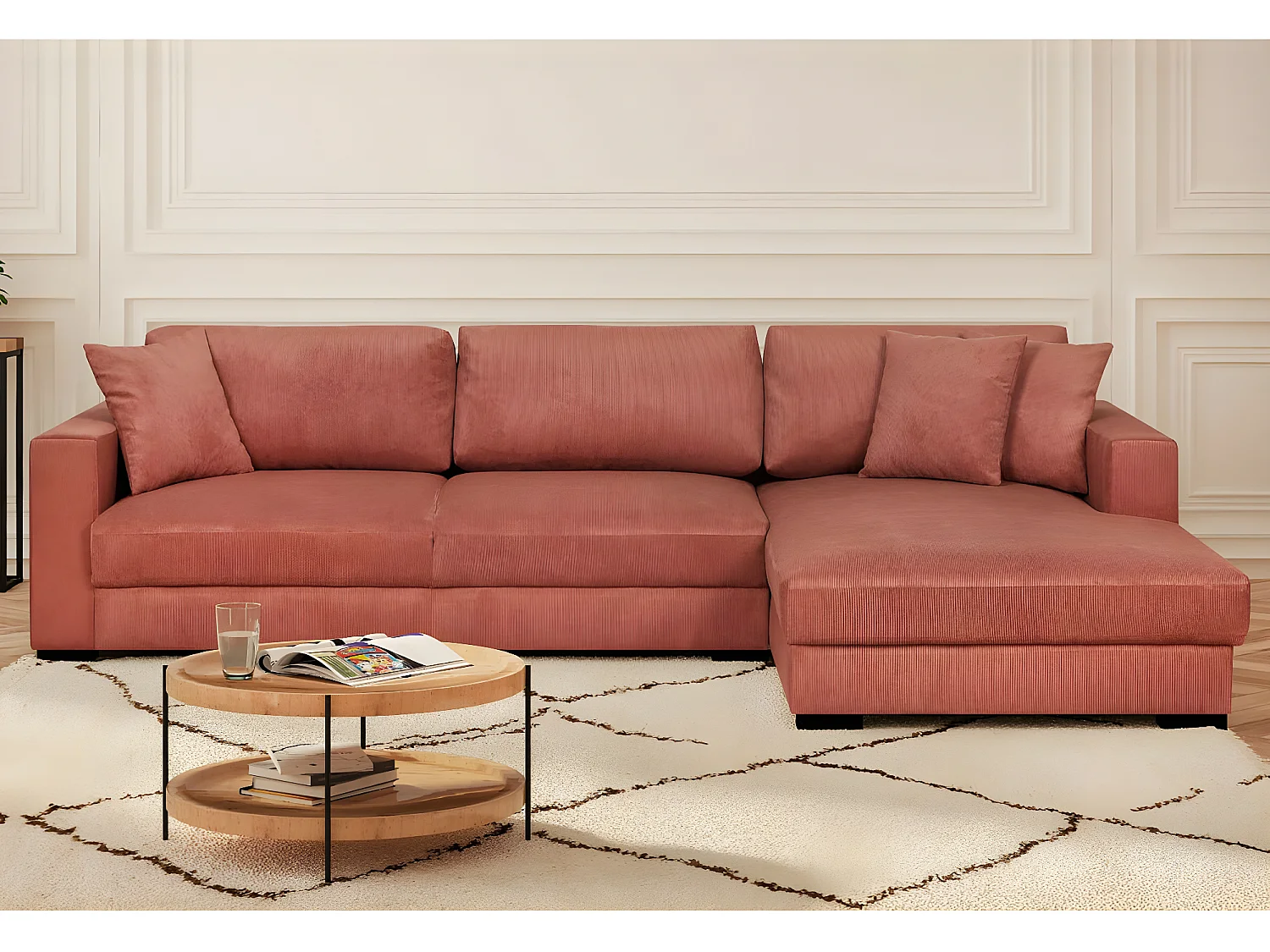 Canapé d'angle à droite convertible 5 places en velours côtelé terracotta avec coffre de rangement - Robin