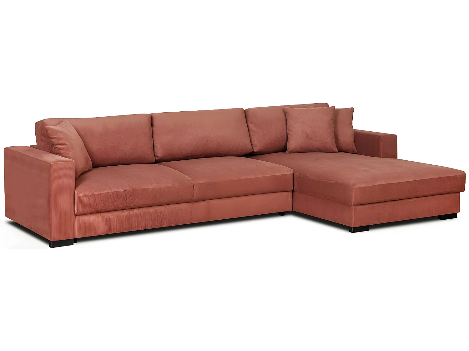 Canapé d'angle à droite convertible 5 places en velours côtelé terracotta avec coffre de rangement - Robin