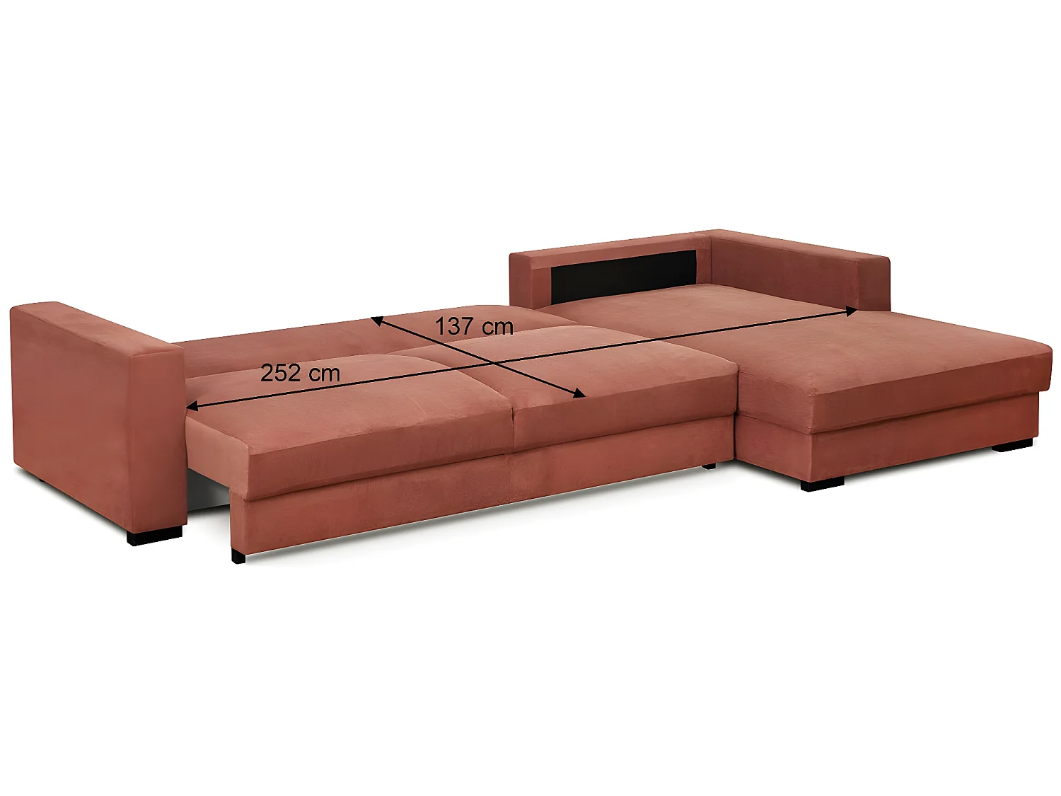 Canapé d'angle à droite convertible 5 places en velours côtelé terracotta avec coffre de rangement - Robin