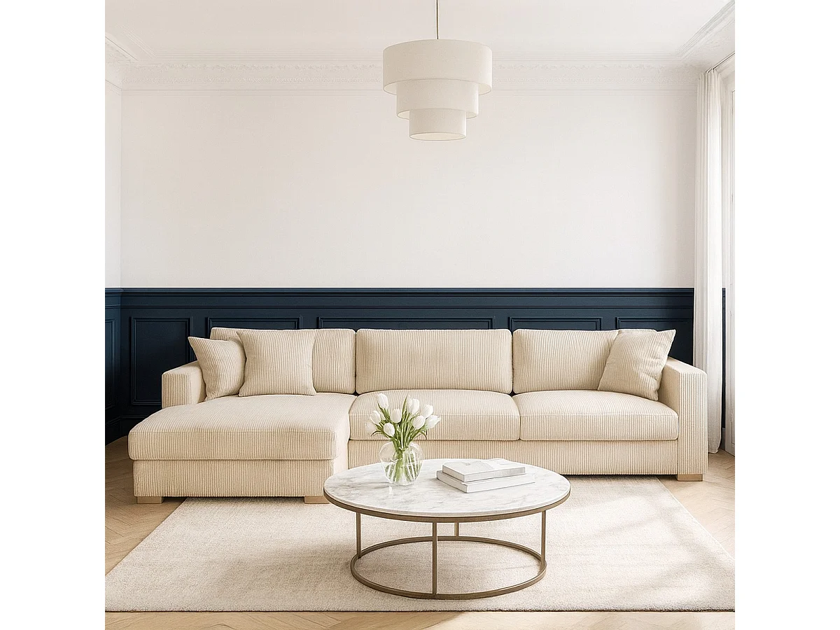 Canapé d'angle gauche convertible 5 places en velours côtelé beige - Robin