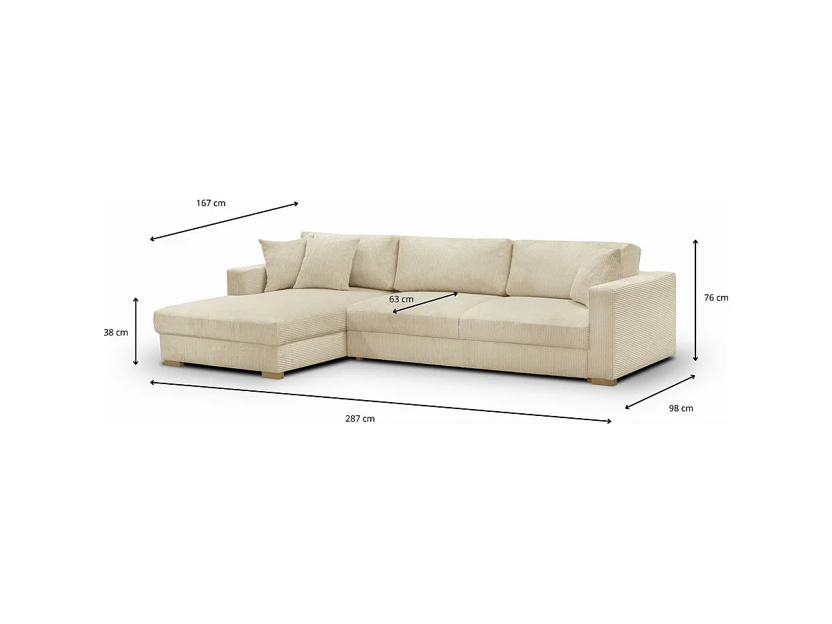 Canapé d'angle convertible 5 places en velours côtelé beige