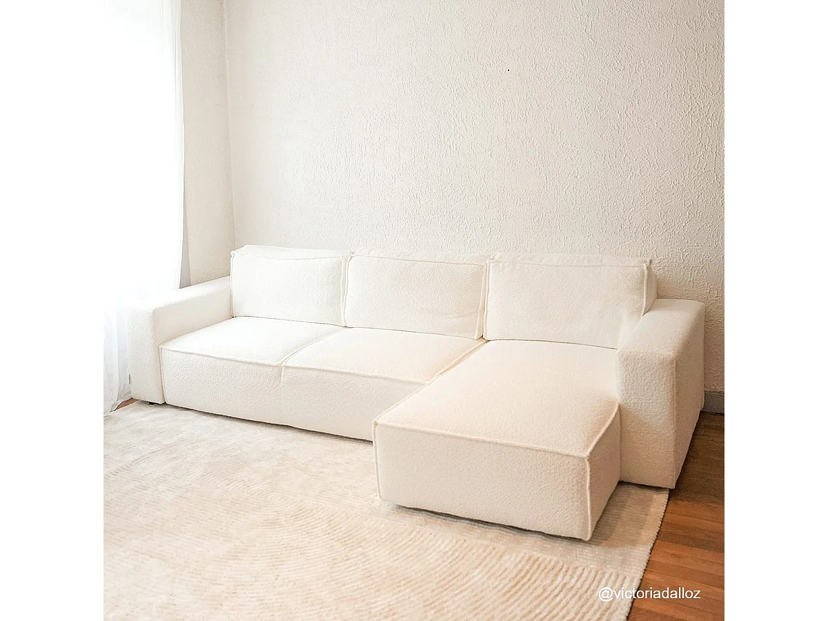 Canapé d'angle convertible réversible 5 places avec coffre de rangement en tissu bouclettes écru - Harper