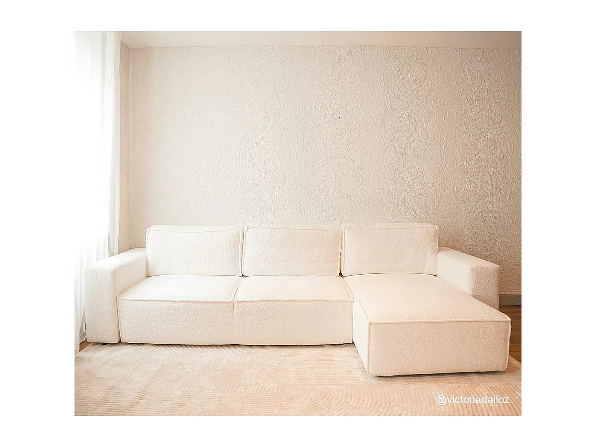 Canapé d'angle convertible 5 places avec coffre en tissu ivoire