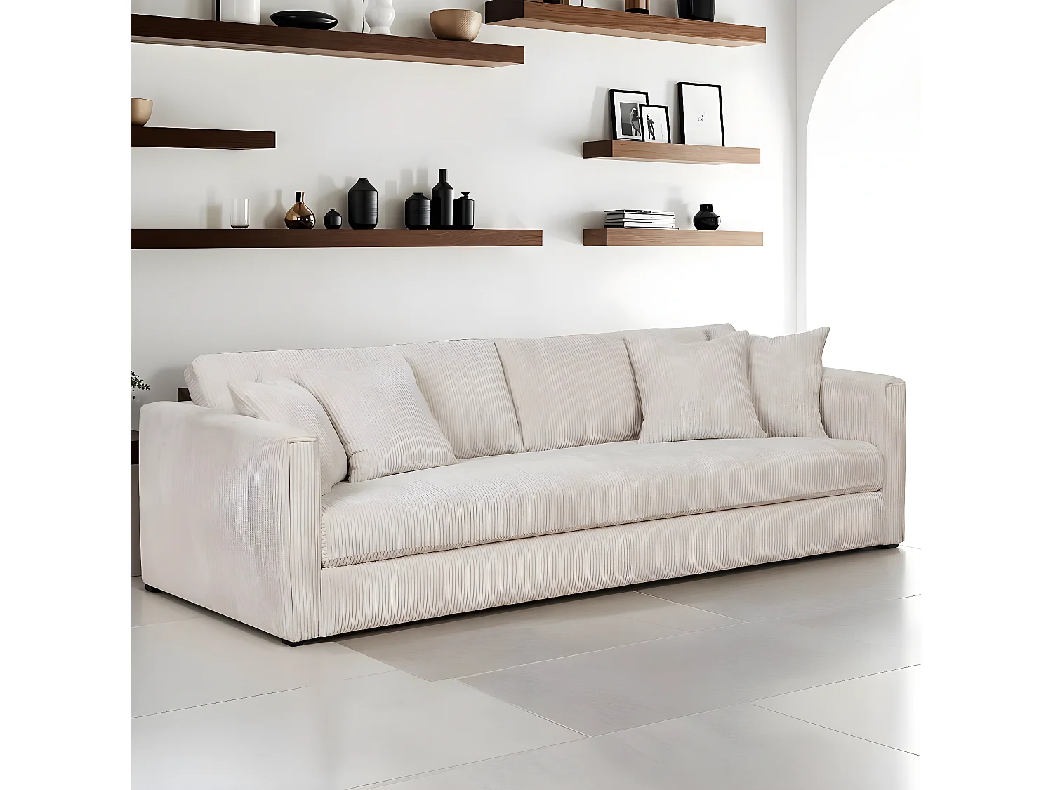 Canapé 4 places en velours côtelé beige + 4 coussins - Denver