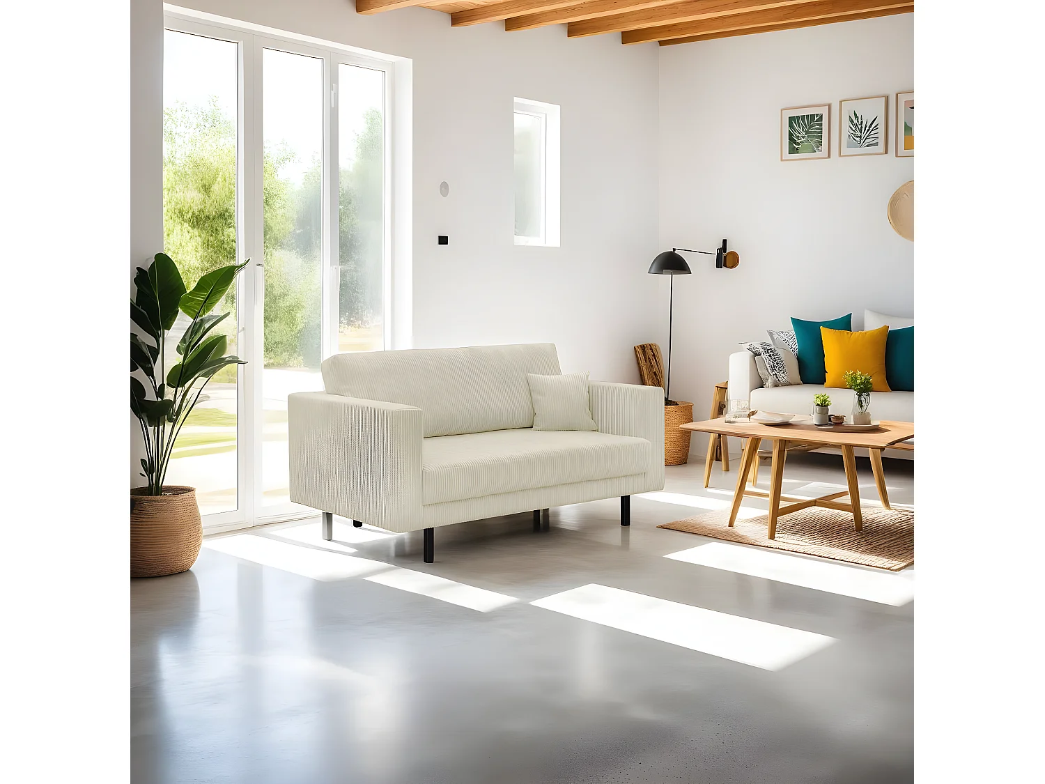 Canapé 2 places vintage en velours côtelé Beige - Pia