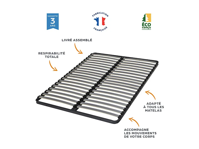 Sommier à lattes + pieds 90x190 Epsilon - 20 lattes bois - Fabrication française