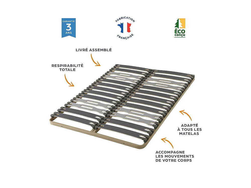 Sommier à lattes + pieds 2x70x190 C413 - 26 lattes bois - Fabrication française