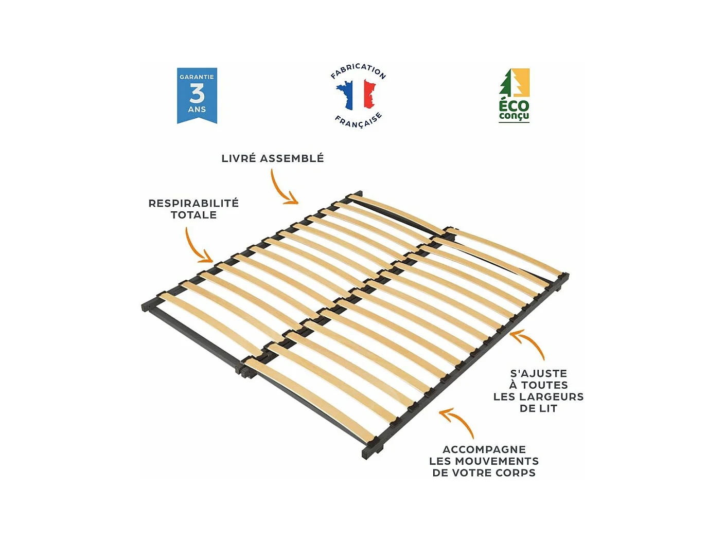 Sommier à lattes de 88 à 162x195 Extensible - 27 lattes bois - Fabrication française