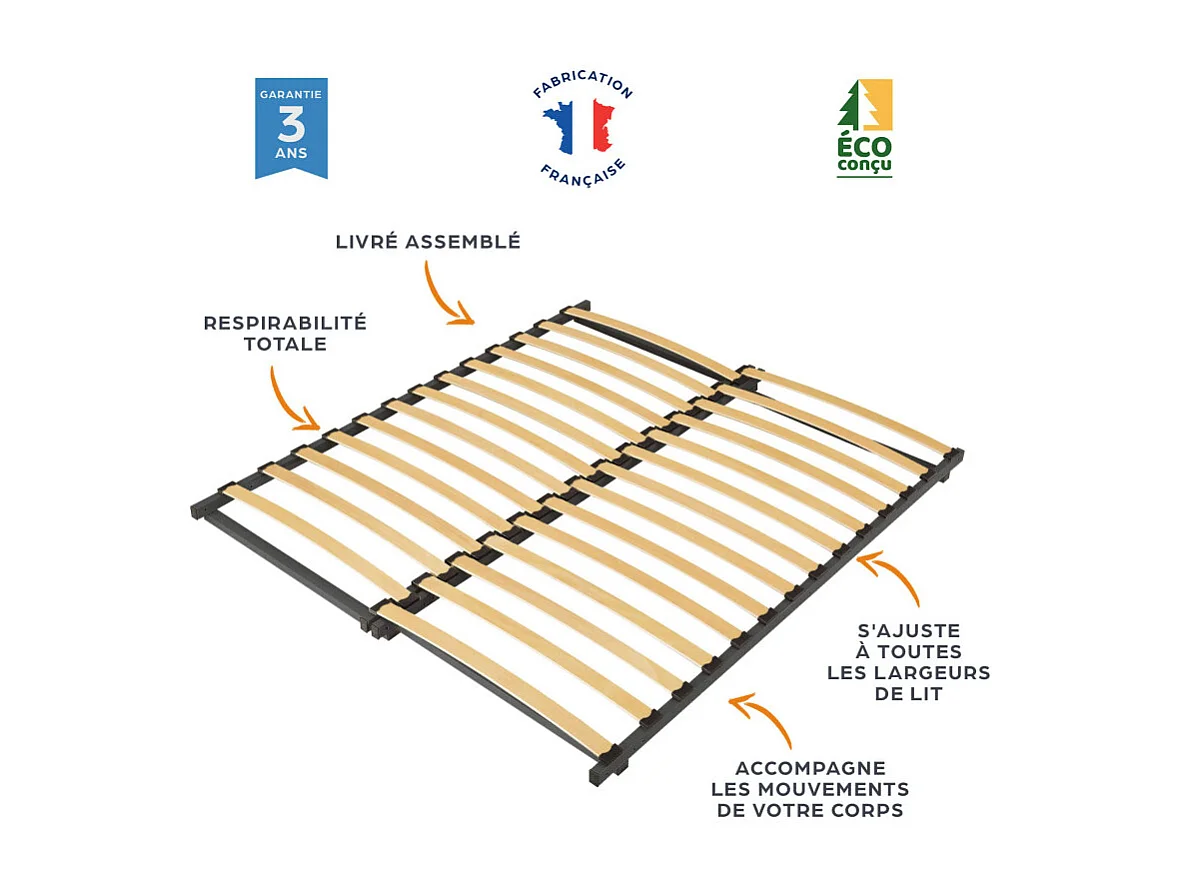 Sommier à lattes de 88 à 162x195 Extensible - 27 lattes bois - Fabrication française