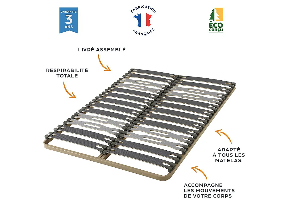 Sommier à lattes + pieds 140x190 C413 - 26 lattes bois - Fabrication française