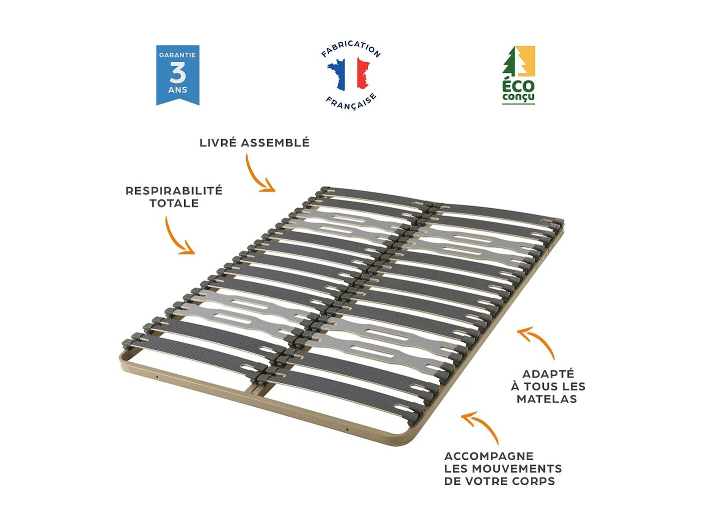Sommier à lattes + pieds 80x190 C413 - 13 lattes bois - Fabrication française