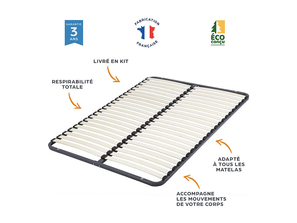 Sommier démontable 140x190 22 lattes - 44 lattes bois - Fabrication française