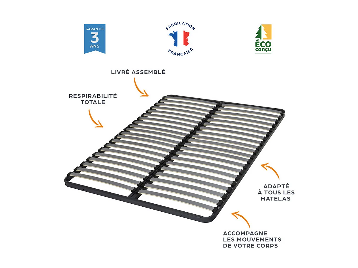 Sommier à lattes + pieds 2x70x190 Epsilon - 40 lattes bois - Fabrication française