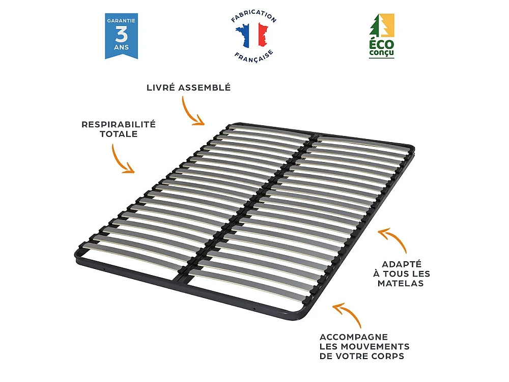 Sommier à lattes + pieds 140x200 Epsilon - 40 lattes bois - Fabrication française