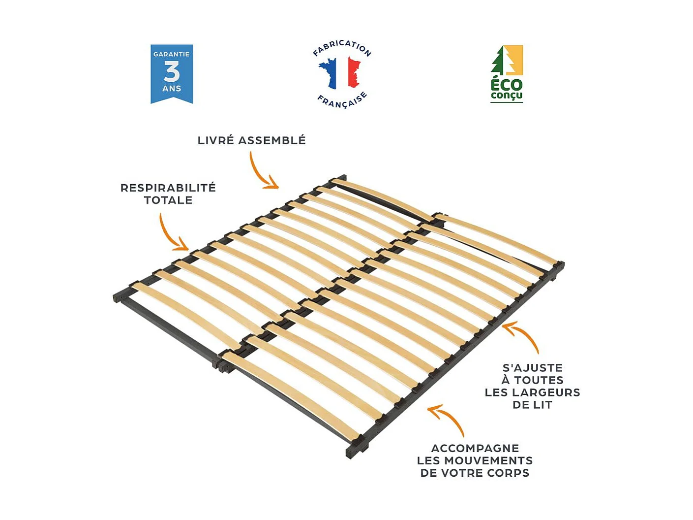 Sommier à lattes de 88 à 162x185 Extensible - 27 lattes bois - Fabrication française
