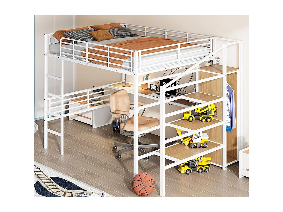 Lit mezzanine 140x200 cm - avec bureau - penderie ouverte - marches de rangement - structure en fer - blanc (matelas non inclus)