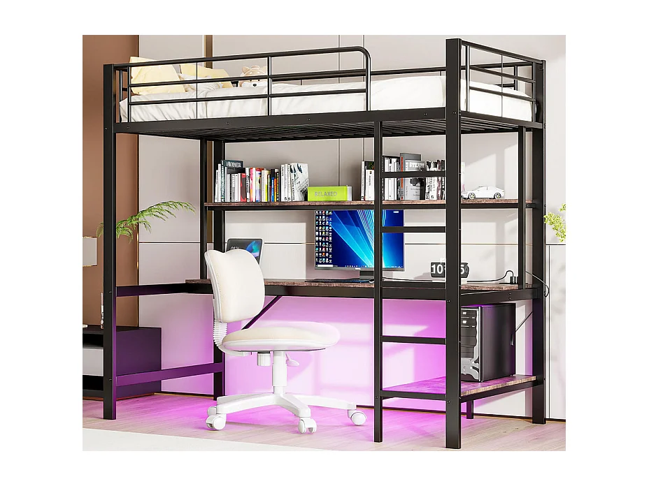 Lit mezzanine 90x200 cm - avec barrières - avec échelle - avec USB et prises - avec lumière LED - avec bureau + étagères à plusieurs niveaux - noir (sans matelas)