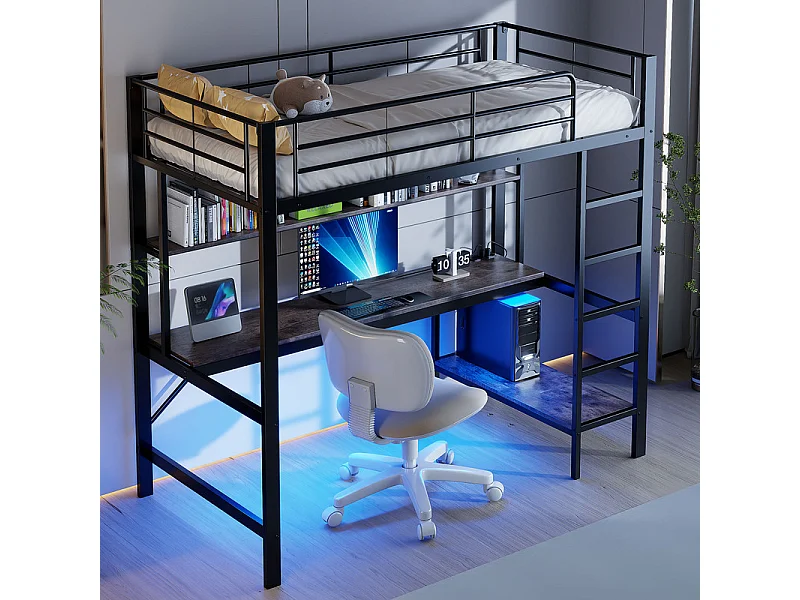 Letto a soppalco 90x200 cm - con barriere - con scaletta - con USB e prese - con luce LED - con scrivania + ripiani multilivello - nero (senza materasso)