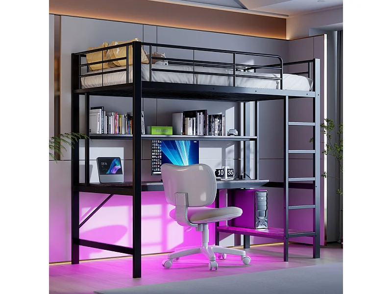 Letto a soppalco 90x200 cm - con barriere - con scaletta - con USB e prese - con luce LED - con scrivania + ripiani multilivello - nero (senza materasso)