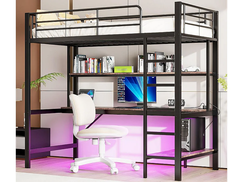 Hochbett 90x200 cm - mit Rausfallschutz - mit Leiter - mit USB und Steckdosen - mit LED-Licht - mit Schreibtisch + mehrstöckigen Regalen - schwarz (ohne Matratze)