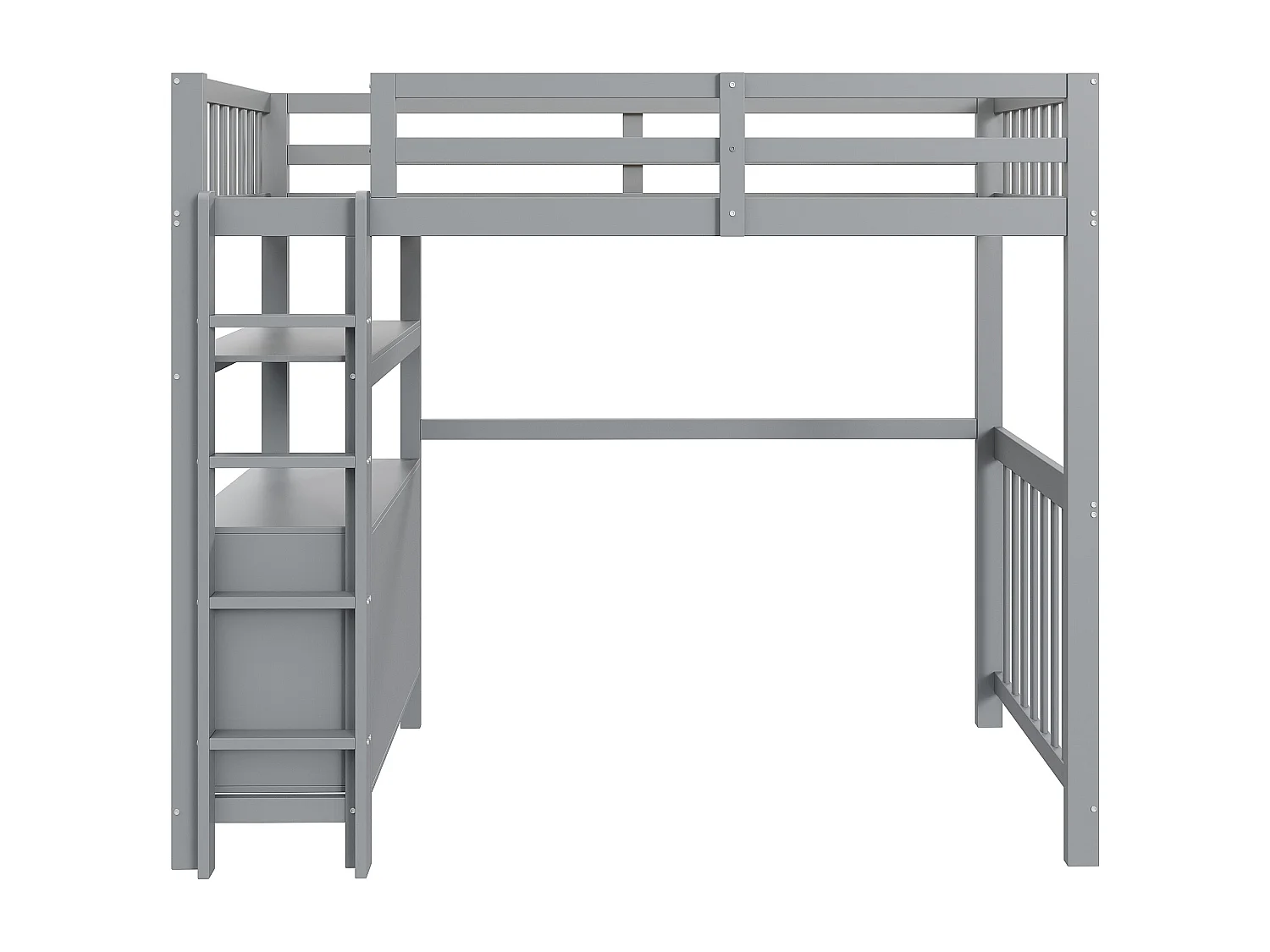 Hochbett 90x200cm - mit Leiter - mit 6 Schubladen - mit Regalen - Hochschienen-Design - Lattenrost - Massivholz - grau (ohne Matratze)