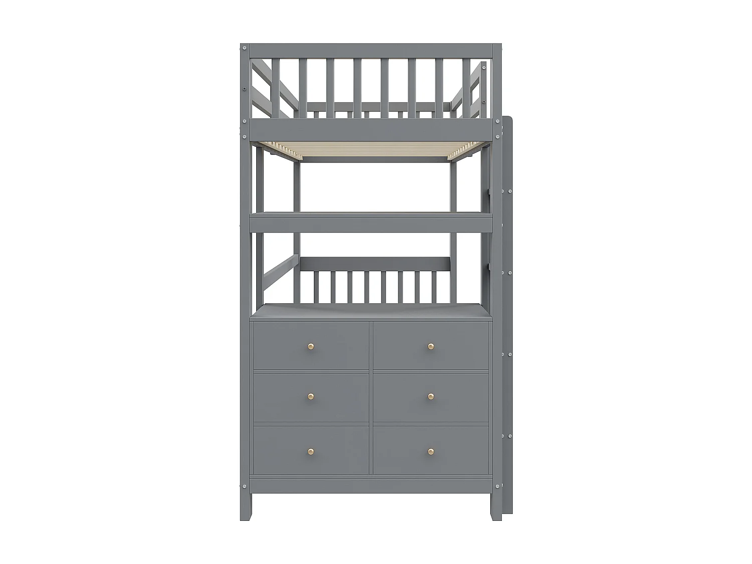 Hochbett 90x200cm - mit Leiter - mit 6 Schubladen - mit Regalen - Hochschienen-Design - Lattenrost - Massivholz - grau (ohne Matratze)