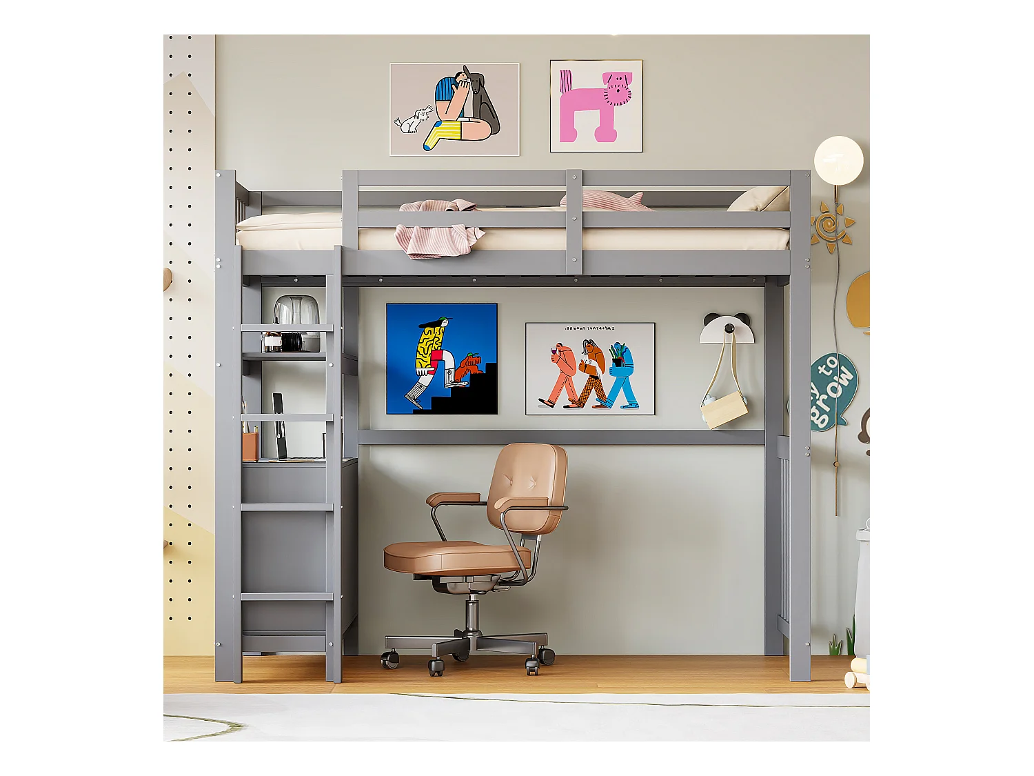 Lit mezzanine 90x200cm - avec échelle - avec 6 tiroirs - avec étagères - design rail haut - sommier à lattes - bois massif - gris (matelas non inclus)