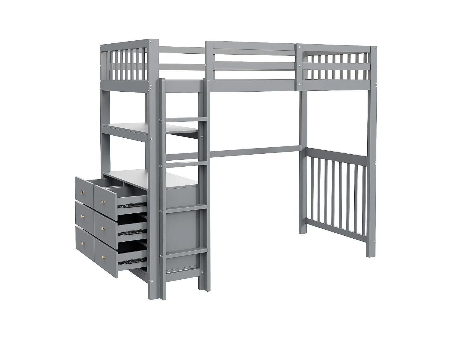 Lit mezzanine 90x200cm - avec échelle - avec 6 tiroirs - avec étagères - design rail haut - sommier à lattes - bois massif - gris (matelas non inclus)
