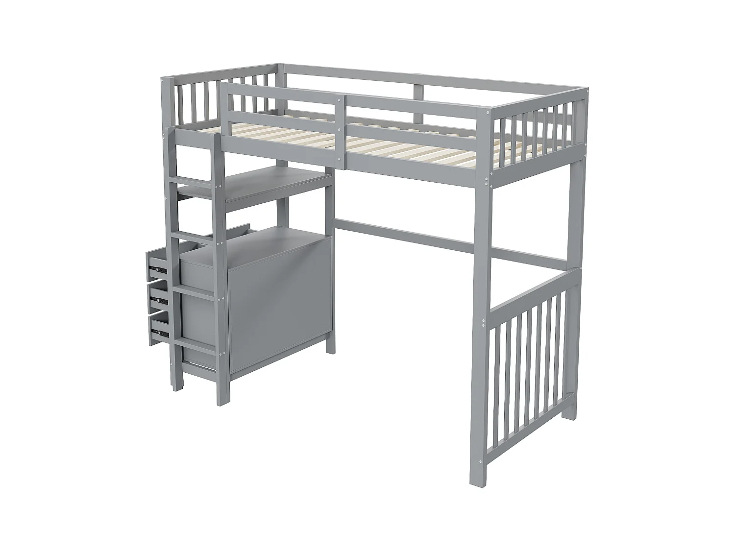 Lit mezzanine 90x200cm - avec échelle - avec 6 tiroirs - avec étagères - design rail haut - sommier à lattes - bois massif - gris (matelas non inclus)