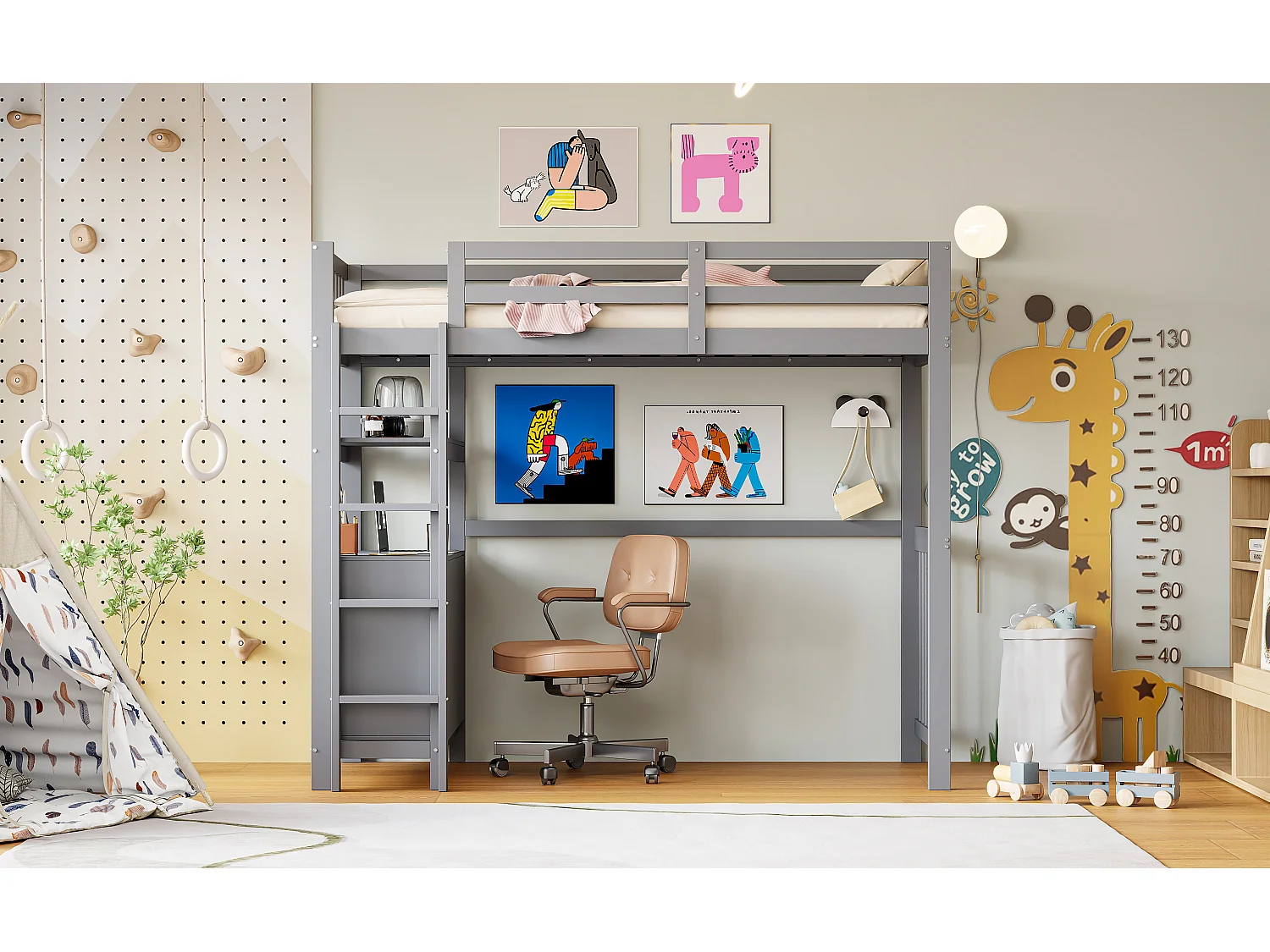 Lit mezzanine 90x200cm - avec échelle - avec 6 tiroirs - avec étagères - design rail haut - sommier à lattes - bois massif - gris (matelas non inclus)