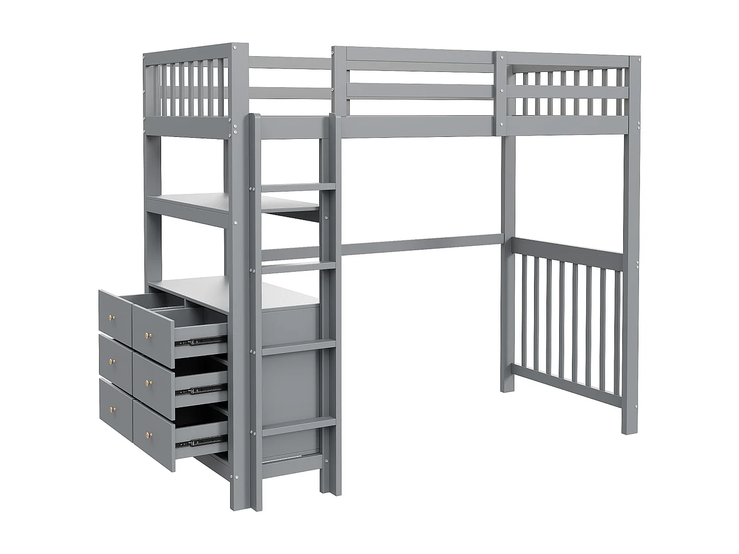 Lit mezzanine 90x200cm - avec échelle - avec 6 tiroirs - avec étagères - design rail haut - sommier à lattes - bois massif - gris (matelas non inclus)