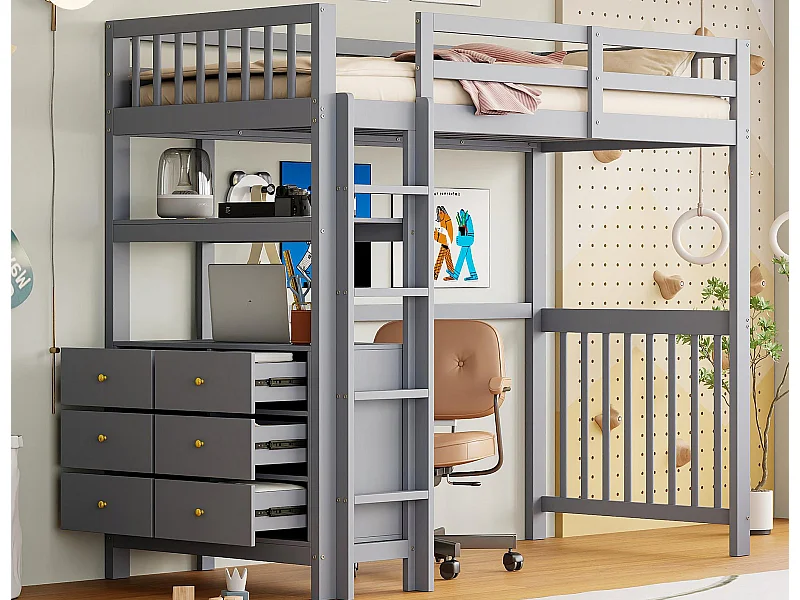 Lit mezzanine 90x200cm - avec échelle - avec 6 tiroirs - avec étagères - design rail haut - sommier à lattes - bois massif - gris (matelas non inclus)