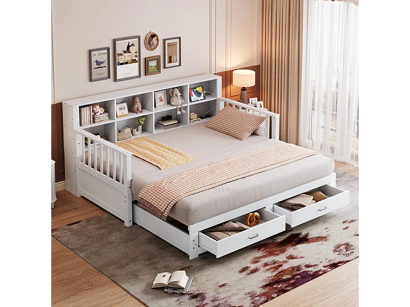 Canapé-lit in massief hout 90/180x190 cm - met opladingsmogelijkheid - met opbergruimte - met 2 lades - matrasframe met spijlen - wit (matras niet inbegrepen)