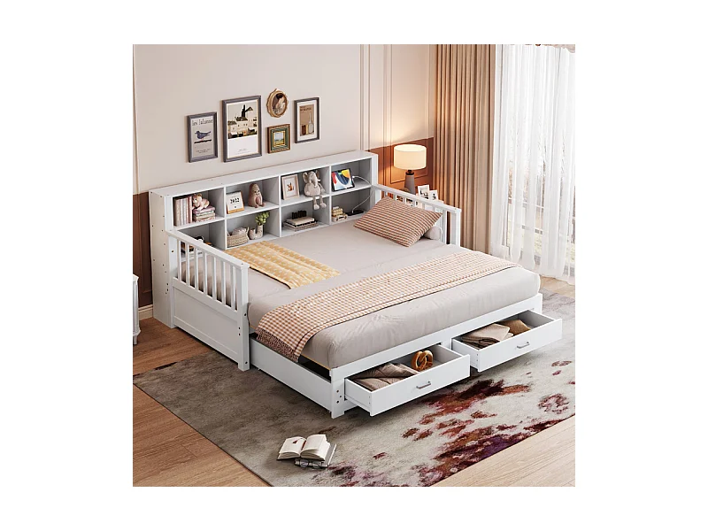 Canapé-lit gigogne en bois massif 90/180x190 cm - avec prise de charge - avec rangement - avec 2 tiroirs - sommier à lattes - blanc (matelas non inclus)