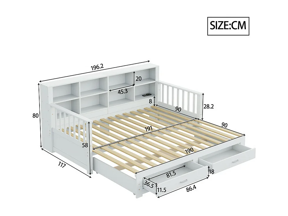 Canapé-lit gigogne en bois massif 90/180x190 cm - avec prise de charge - avec rangement - avec 2 tiroirs - sommier à lattes - blanc (matelas non inclus)