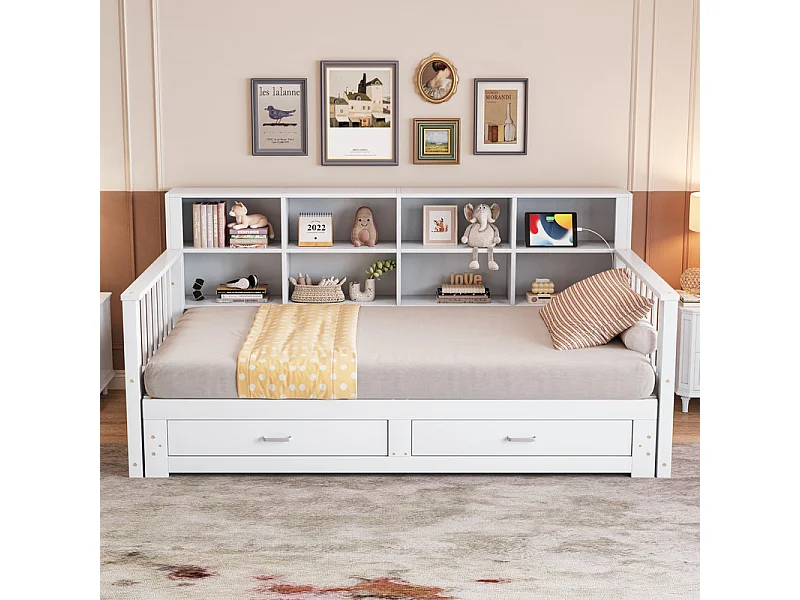 Canapé-lit gigogne en bois massif 90/180x190 cm - avec prise de charge - avec rangement - avec 2 tiroirs - sommier à lattes - blanc (matelas non inclus)