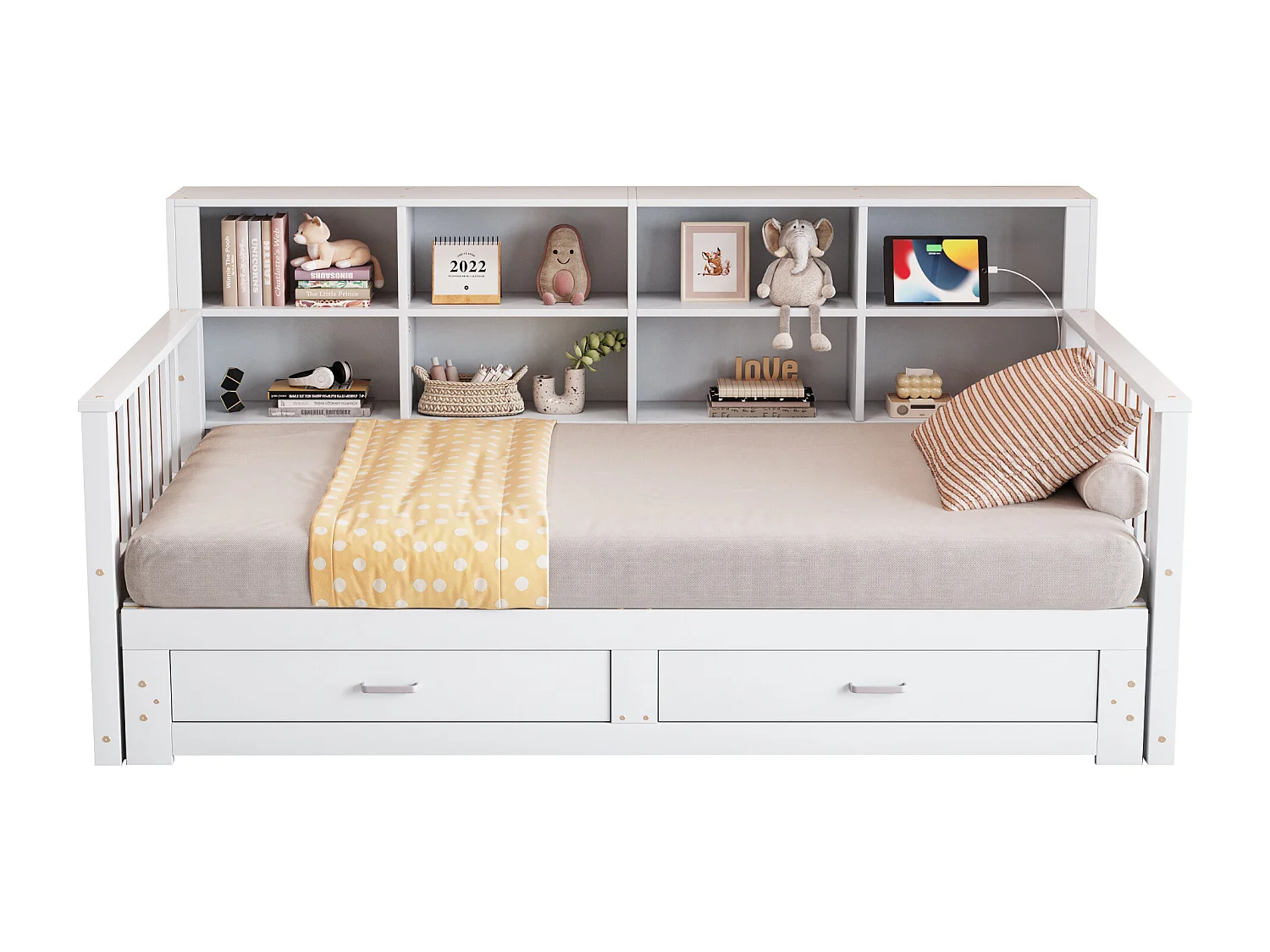 Canapé-lit gigogne en bois massif 90/180x190 cm - avec prise de charge - avec rangement - avec 2 tiroirs - sommier à lattes - blanc (matelas non inclus)