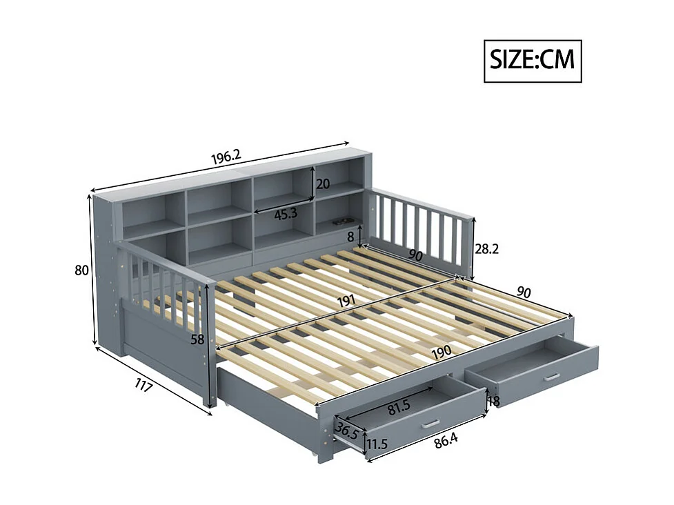 Canapé-lit gigogne en bois massif 90/180x190 cm - avec prise de charge - avec rangement - avec 2 tiroirs - sommier à lattes - gris(matelas non inclus)