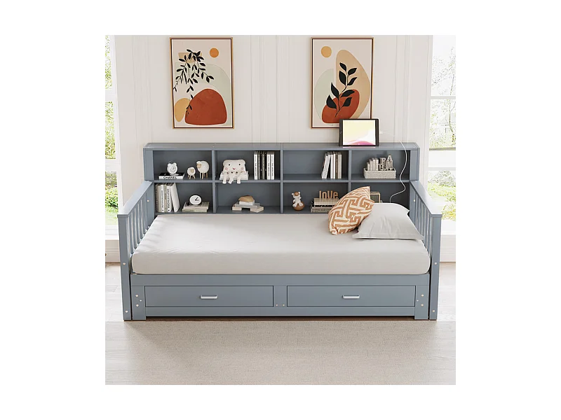 Canapé-lit gigogne en bois massif 90/180x190 cm - avec prise de charge - avec rangement - avec 2 tiroirs - sommier à lattes - gris(matelas non inclus)