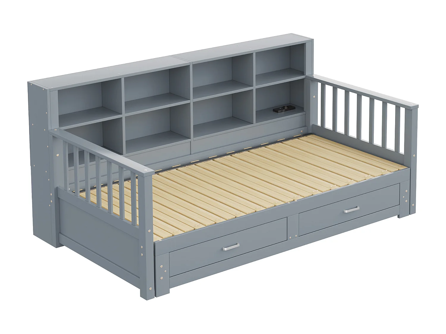 Canapé-lit gigogne en bois massif 90/180x190 cm - avec prise de charge - avec rangement - avec 2 tiroirs - sommier à lattes - gris(matelas non inclus)