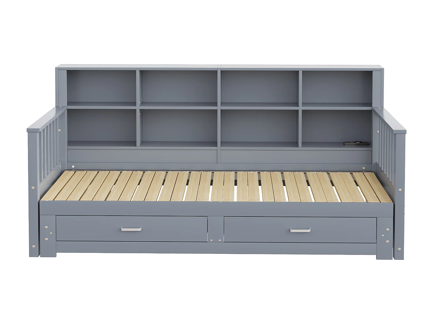 Canapé-lit gigogne en bois massif 90/180x190 cm - avec prise de charge - avec rangement - avec 2 tiroirs - sommier à lattes - gris(matelas non inclus)