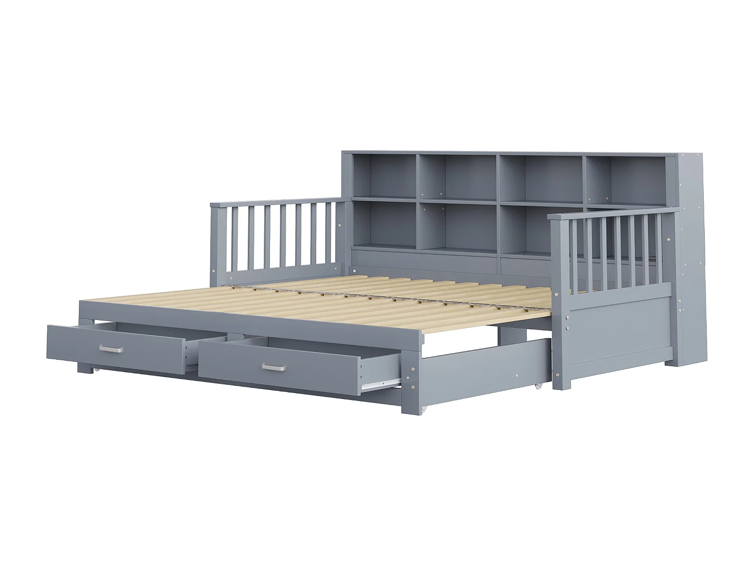 Canapé-lit gigogne en bois massif 90/180x190 cm - avec prise de charge - avec rangement - avec 2 tiroirs - sommier à lattes - gris(matelas non inclus)