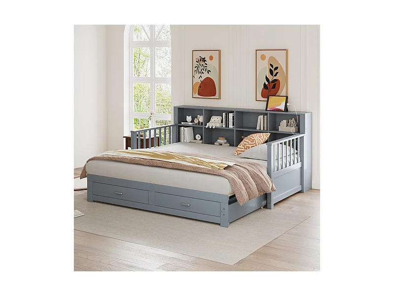 Canapé-lit gigogne en bois massif 90/180x190 cm - avec prise de charge - avec rangement - avec 2 tiroirs - sommier à lattes - gris（matelas non inclus)