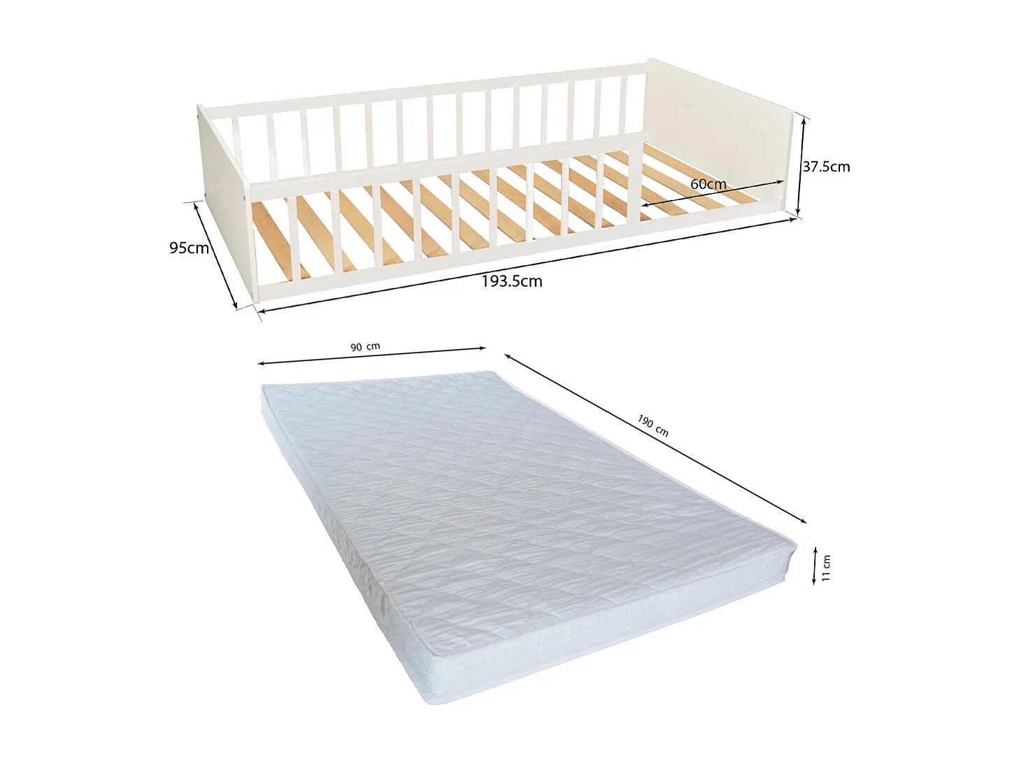 LIT 90x190 PILOU avec sommier et matelas / Blanc