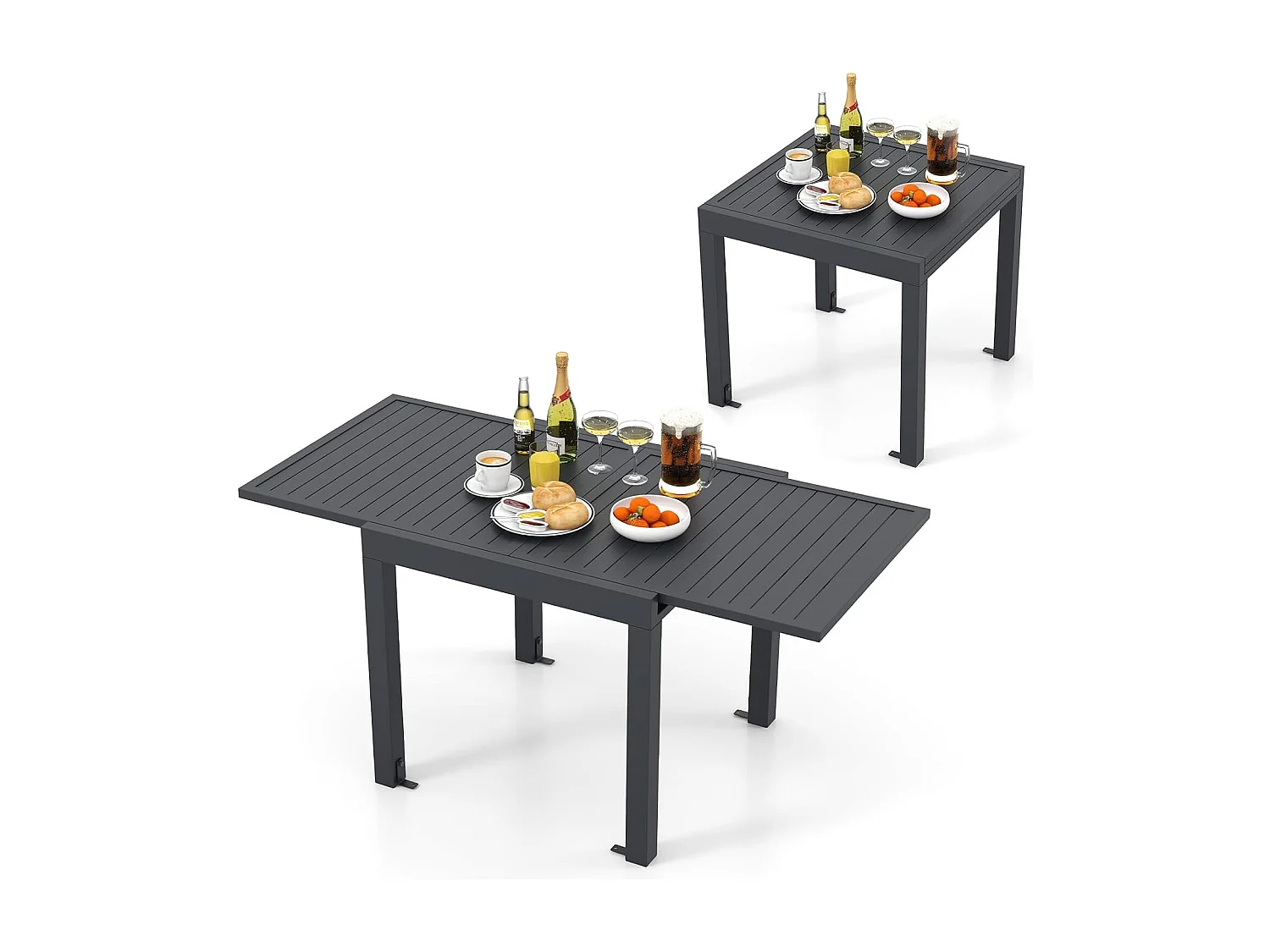 Table de Jardin Extensible en Aluminium Ajustable de 80 à 160 CM, Table à Manger Extérieure Plateau à Lattes pour 4-6 Personnes (Gris Foncé)