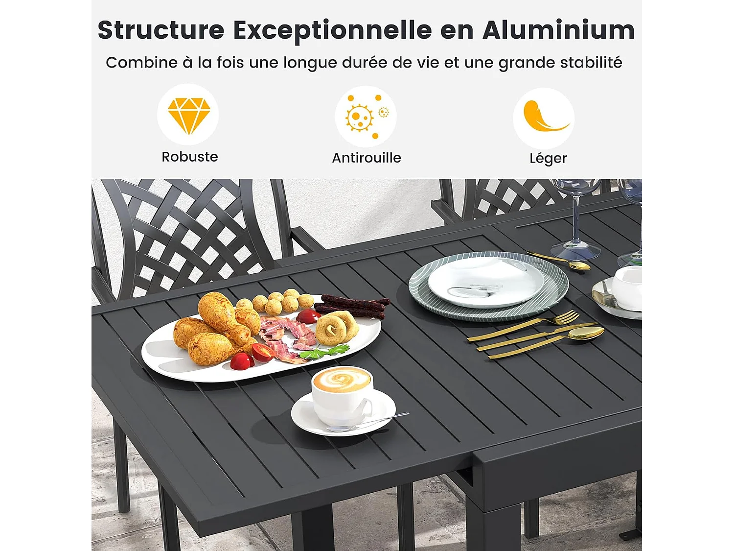 Table de Jardin Extensible en Aluminium Ajustable de 80 à 160 CM, Table à Manger Extérieure Plateau à Lattes pour 4-6 Personnes (Gris Foncé)